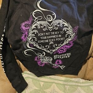 Beautiful Disaster Women's Black Graphic Hoodie with Purple Accents